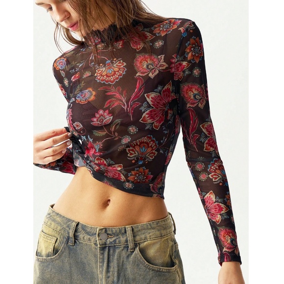 Black Multicolor Floral Print Mesh Sheer Shirt Top - Picture 3 of 9
